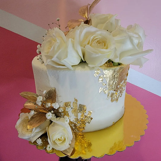 Fresh Flowers & Gold Leaf Cake